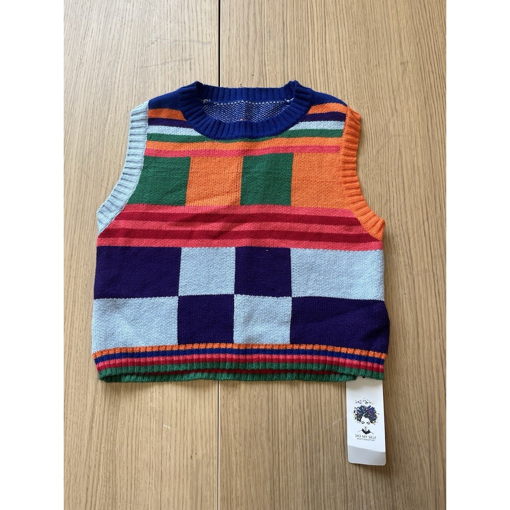 Do My Self Women's Colorful Geometric Sweater Vest Checkered Striped Knit NWT